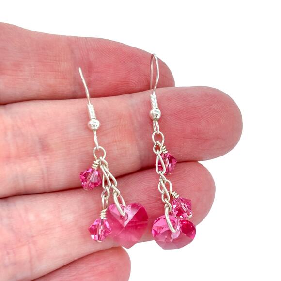 Estate Sterling Silver 925 Pink Crystal Dangle Earrings - Picture 1 of 8